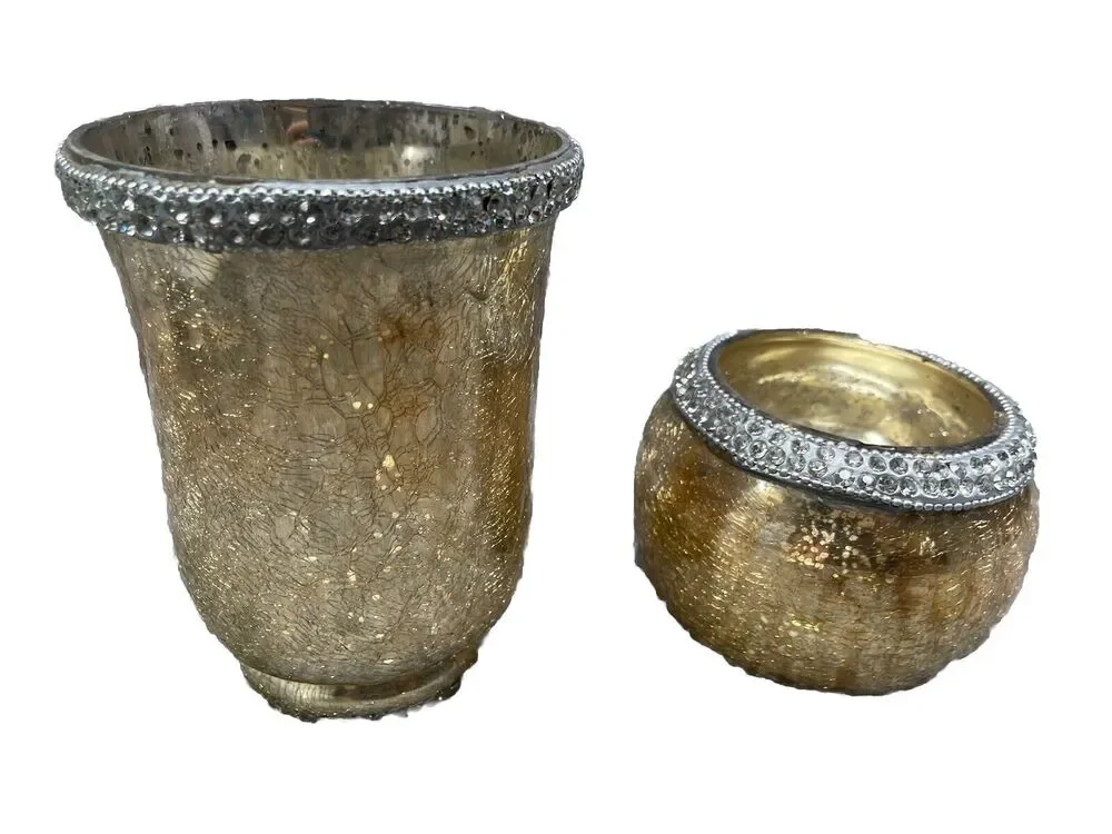 Crackle Gold Glass Tea Light Candle Holder Home Decoration Set Of 2